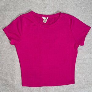 Bozzolo | Pink Ribbed Crewneck Cropped Tee | Large